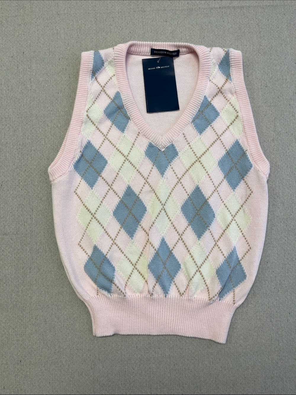 Brandy Melville Argyle Sweater Vest Pink Blue Cotton Made in Italy